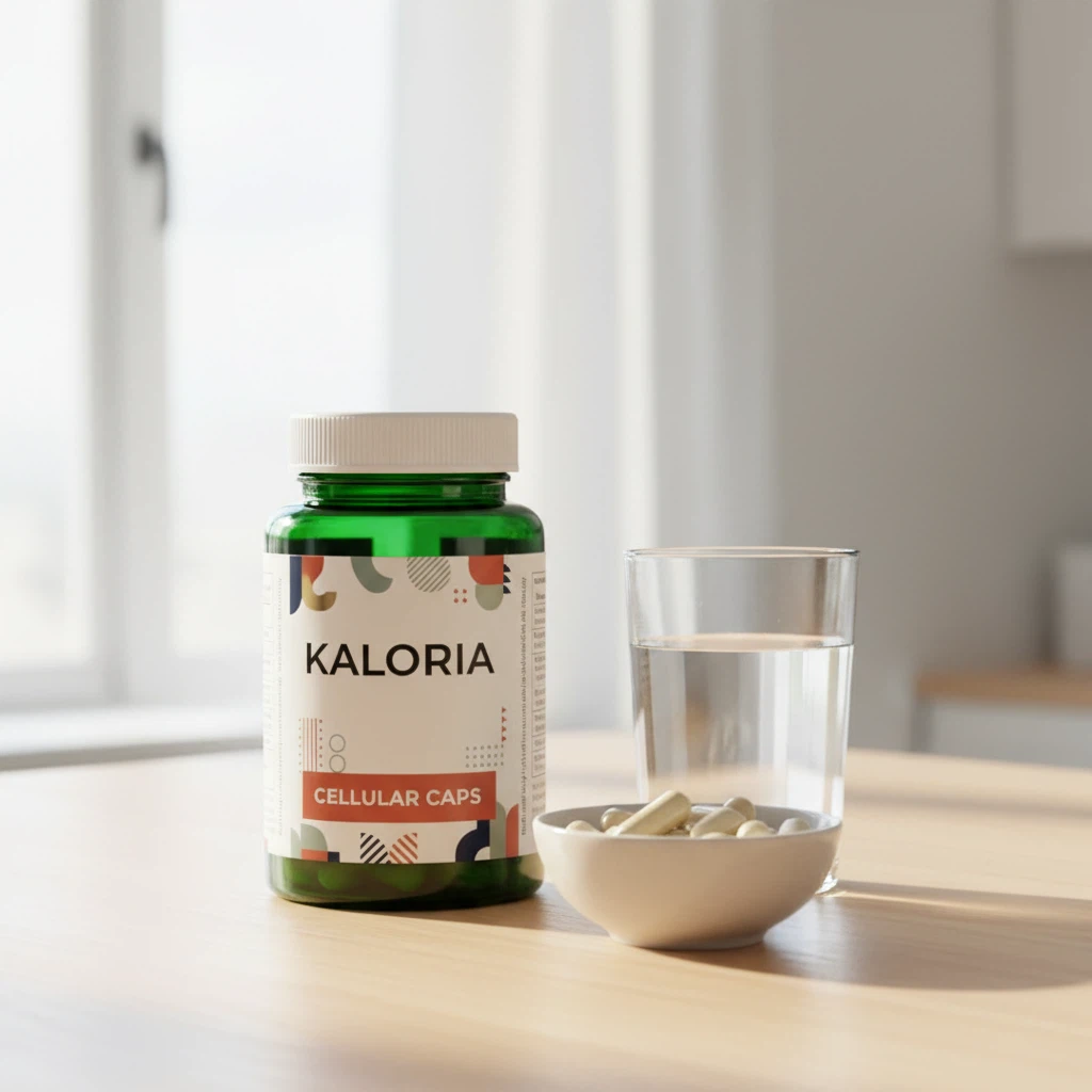 Kaloria Cellular Caps -purkki valoisella pöydällä vesitlasin vieressä